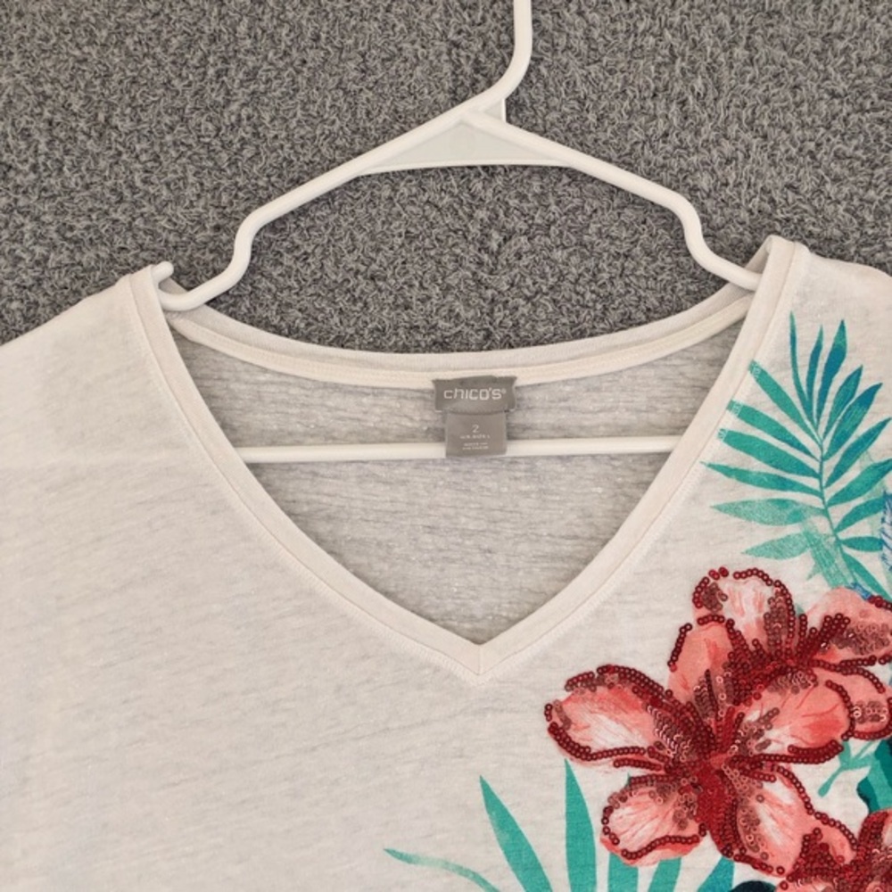 Chico's Linen Blend Floral Top Size‎ L V-Neck Short Sleeve Summer - Picture 3 of 11
